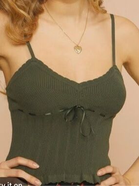 Rouje Olive Green Ribbed Tie-Front Camisole